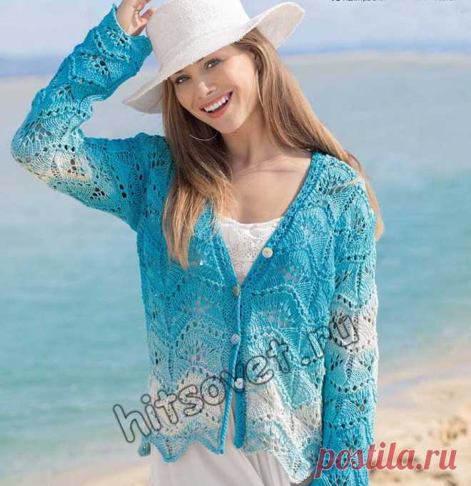 Летний ажурный жакет - Хитсовет Модный летний жакет в морском стиле с ажурным узором для женщин со схемой и пошаговым бесплатным описанием вязания.