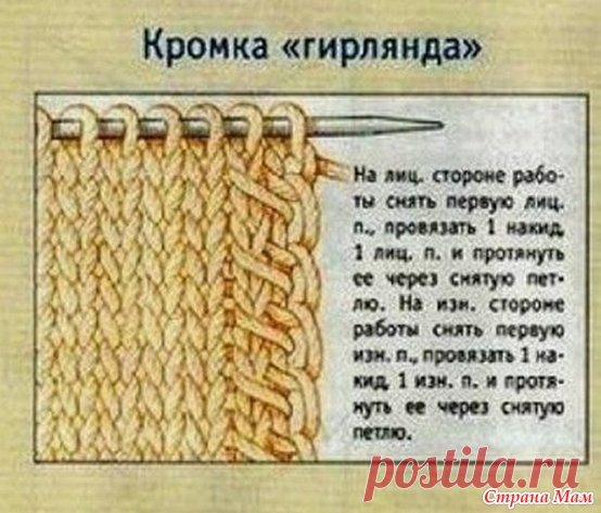 Провязывание кромочных петель Первую и последнюю петлю в каждом ряду вязаного полотна принято называть кромочными петлями.