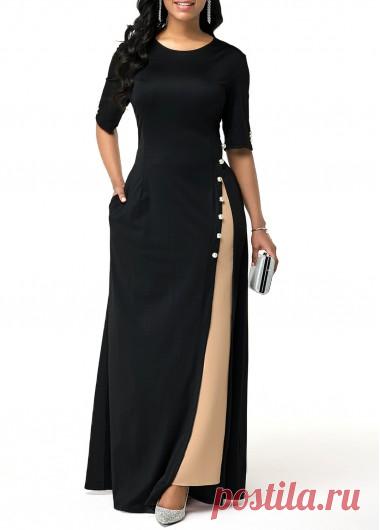Side Slit Half Sleeve Button Detail Maxi Dress | Rotita.com - USD $32.66