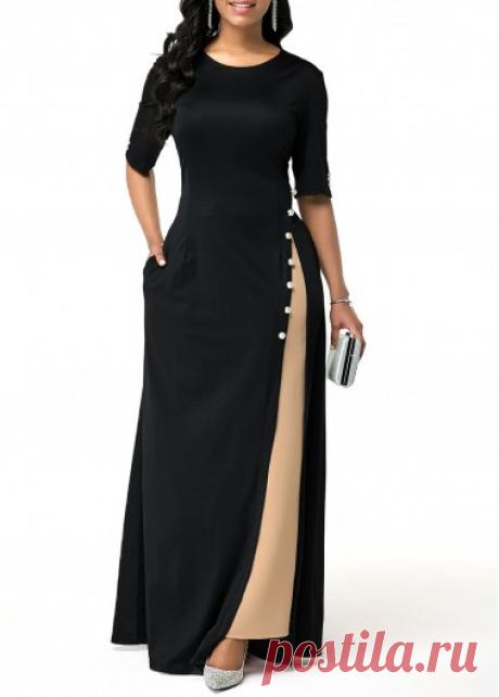 Side Slit Half Sleeve Button Detail Maxi Dress | Rotita.com - USD $32.66
