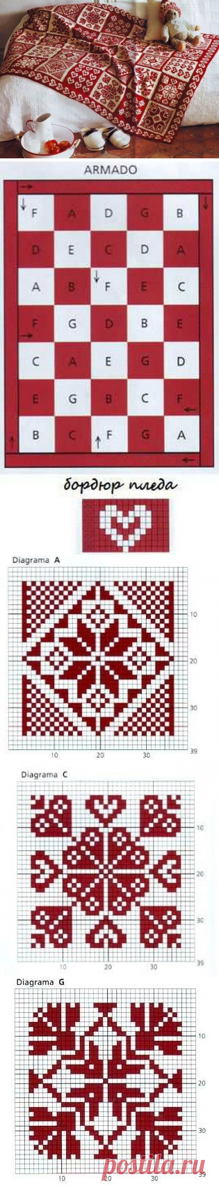 Яркий плед из квадратов, связанных двуцветными орнаментами — Рукоделие