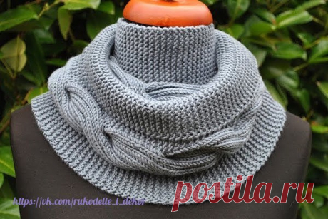 СНУД С ЦЕНТРАЛЬНОЙ КОСОЙ.
Вам потребуется:Пряжа: 5 моточков Lang Yarns Merino+ Superwash 100% мерино, 90 м/50 г.Спицы 5,0.

Описание вязания:
Набрать на бросовую нить 54 п. (т.е. открытый набор) .
1-й р.: провязать 10 п. платочной вязкой (= вязать только лиц.петлями), *2 лиц.п., 2 изн.п.**, повторить *...** 6 раз, 20 п. платочной вязкой ( прим.: кром.п. уже включены в узор, провязывать в каждом ряду лицевыми).
2-й р.: 20 п. платочной вязкой, *2 лиц.п., 2 изн.п.**, повторят...