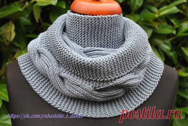 СНУД С ЦЕНТРАЛЬНОЙ КОСОЙ.
Вам потребуется:Пряжа: 5 моточков Lang Yarns Merino+ Superwash 100% мерино, 90 м/50 г.Спицы 5,0.

Описание вязания:
Набрать на бросовую нить 54 п. (т.е. открытый набор) .
1-й р.: провязать 10 п. платочной вязкой (= вязать только лиц.петлями), *2 лиц.п., 2 изн.п.**, повторить *...** 6 раз, 20 п. платочной вязкой ( прим.: кром.п. уже включены в узор, провязывать в каждом ряду лицевыми).
2-й р.: 20 п. платочной вязкой, *2 лиц.п., 2 изн.п.**, повторят...