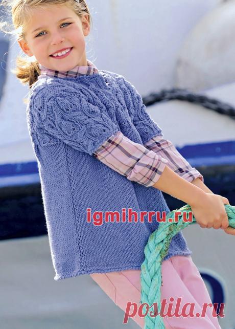 Для девочки 2-8 лет. Туника с рельефным узором «косы листочками». Вязание спицами для детей. Вязание спицами для девочек