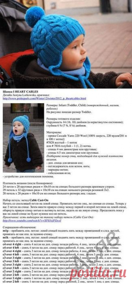 Детская шапочка с косами связанная спицами.Схема и описание
