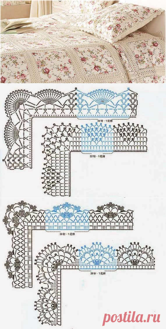 Покрывало из квадратов ткани с вязаной крючком каймой