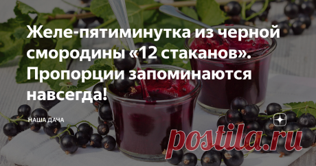 Желе-пятиминутка из черной смородины «12 стаканов». Пропорции запоминаются навсегда! Этот рецепт мне моя свекровь подсказала, замечательное лакомство получается. Особенно, когда варенье свежесваренное, да с мягкой свежей булкой… М-м-м… Уже хочется! За пять минут ягоды не успевают развариться, остаются мягкими и целенькими, а само варенье, когда остывает, превращается в настоящее желе, благодаря пектину, содержащемуся в смородине. Варенье получается очень вкусным, попробуйте!