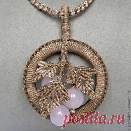 Купить Кулон "Розовый лён" - бежевый, розовый, бледно-розовый, льняной, розовый кварц, веточка