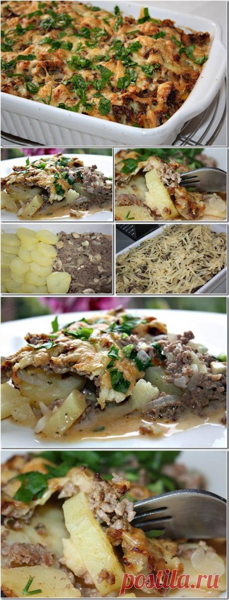 Картофельная запеканка с фаршем и грибами.