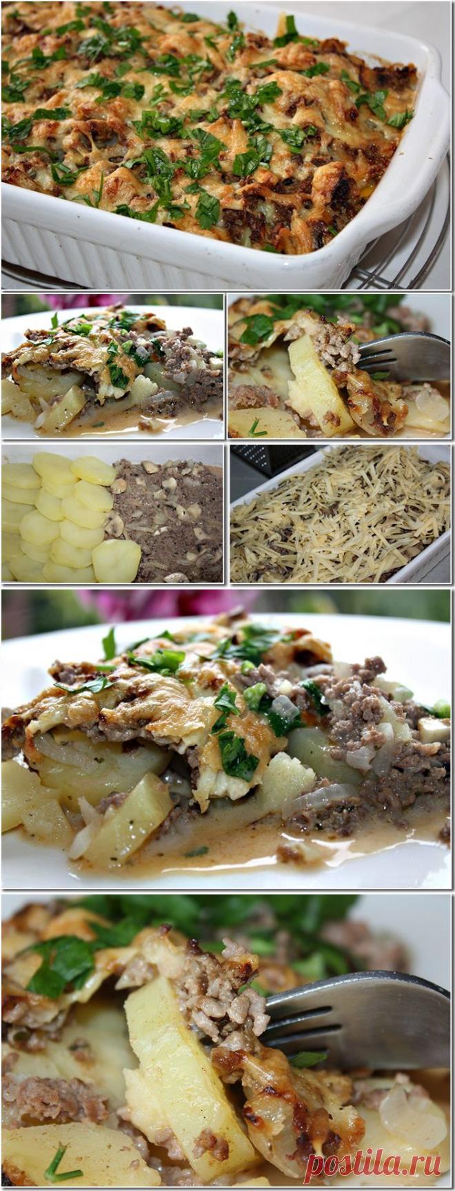 Картофельная запеканка с фаршем и грибами.