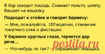 В бар заходит лошадь. Снимает пальто, шляпу. Вешает на вешалку. Подходит стойке и говорит бармену: - Юмор TV Я смеялся как дурак с этого анекдота! В бар заходит лошадь. Снимает пальто, шляпу. Вешает на вешалку. Подходит к стойке и говорит бармену: — Мне, пожалуйста, 150 водочки, стаканчик томатного сока и фисташки. У бармена круглые глаза, теряется дар речи… — Что-нибудь не так? — спрашивает лошадка. — Н-нет, нет. Все так. П-пожалуйста, присаживайтесь. — …
