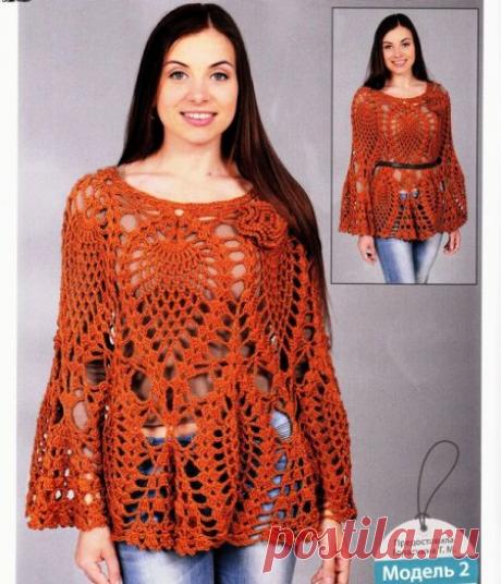 Пончо крючком узором ананасы