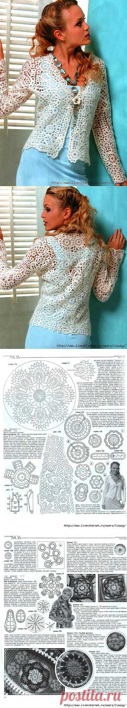 Великолепный жакет  в технике сцепного гипюрного кружева крючком.