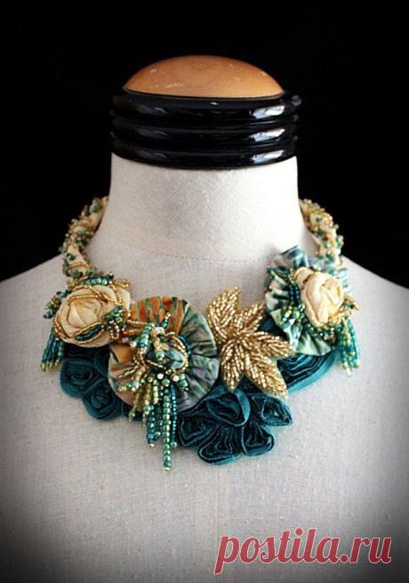 ADRIA *Special Sale Price* Teal Yellow Beaded Textile Statement Necklace