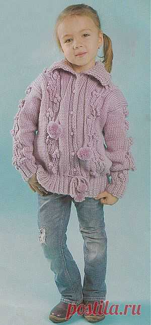Сиреневая кофта с помпонами, связанная спицами/Для детей/Вязание/Статьи / Шитье, вязание, рукоделие, бисероплетение
