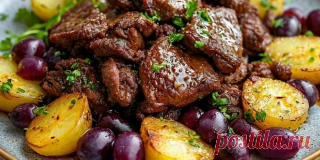 ЖАРЕНАЯ КУРИНАЯ ПЕЧЕНЬ С ЛУКОМ И ВИНОГРАДОМ
