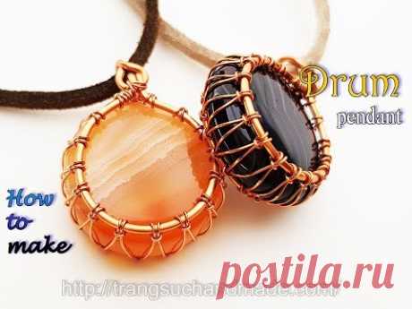 Drum pendant with flat round stones without hole use basic macrame knot 413