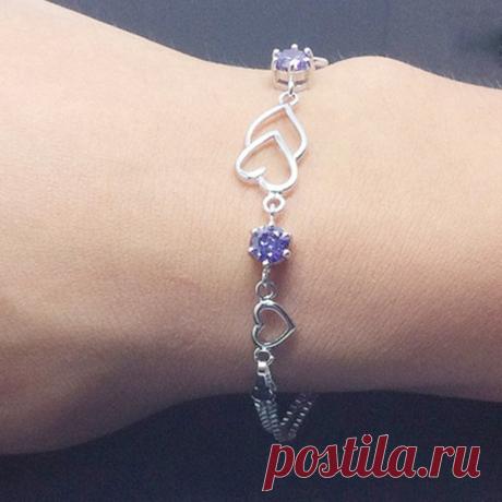 Бесплатная доставка 925 серебряные двойные сердца фиолетовый кристалл браслет манжета сеть женщины ювелирные изделия новый горячий купить на AliExpress