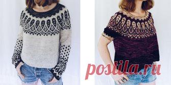 Свитер с жаккардовым узором Sipila Свитер  с красивым и оригинальным жаккардовым узором на круглой кокетке и рукавах Sipila спицами, с описанием и схемами, от дизайнера Кейтлин Хантер.

