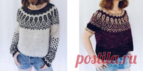 Свитер с жаккардовым узором Sipila Свитер  с красивым и оригинальным жаккардовым узором на круглой кокетке и рукавах Sipila спицами, с описанием и схемами, от дизайнера Кейтлин Хантер.

