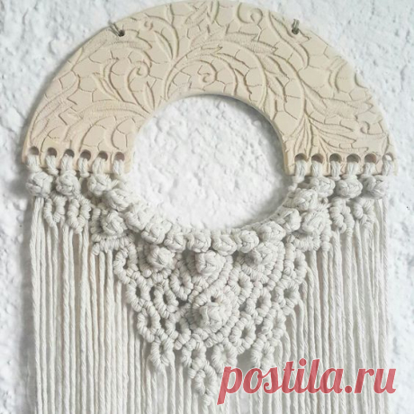 Romantic macrame wall hanging. Boho home decoration. Macrame ceramics art.