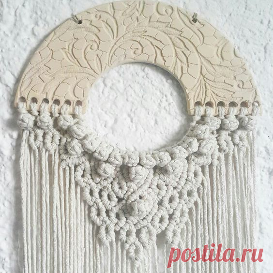 Romantic macrame wall hanging. Boho home decoration. Macrame ceramics art.