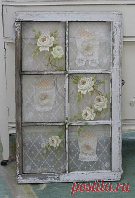 Add lace and roses flowers to vintage old salvaged window for shabby cottage style home decor look or for wedding reception decoration; upcycle, re…