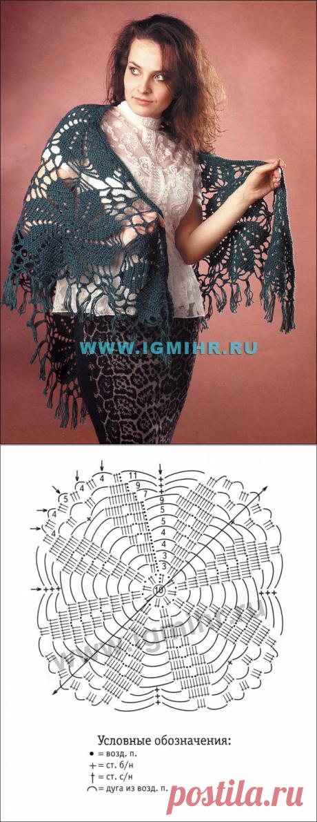 Зеленая шаль из мотивов. Крючок
