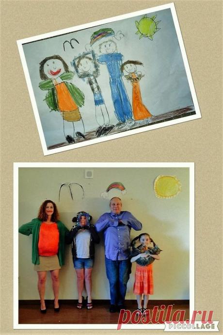 Моя семья: родители, забавно воссоздавшие рисунки своих детей