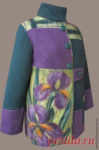 Пальто валяное комбинированное "Ирисы" с шарфом. - рисунок,валяное пальто