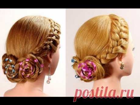 Braided hairstyle with ribbons. Updo hairstyles