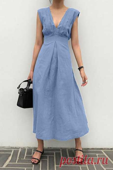 Linen V Neck Sleeveless Maxi Dress Details: Material: Linen SIZE(IN) Bust Waist Length S 32.3 27.2 49.0 M 34.3 29.1 49.8 L 36.2 31.1 50.6 XL 38.2 33.1 51.4 XXL 40.2 35.0 52.2