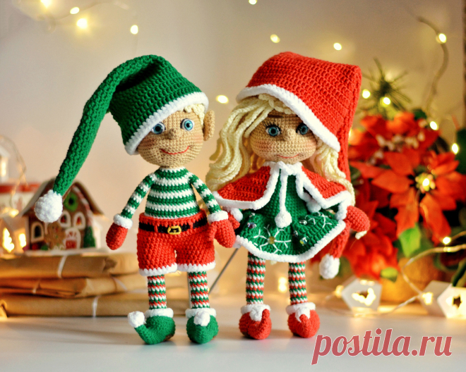 PDF Эльфы Ноэль и Ноэми крючком. FREE crochet pattern; Аmigurumi doll patterns. Амигуруми схемы и описания на русском. Вязаные игрушки и поделки своими руками #amimore - пупс, кукла, куколка, эльфийка, рождественские эльфы.