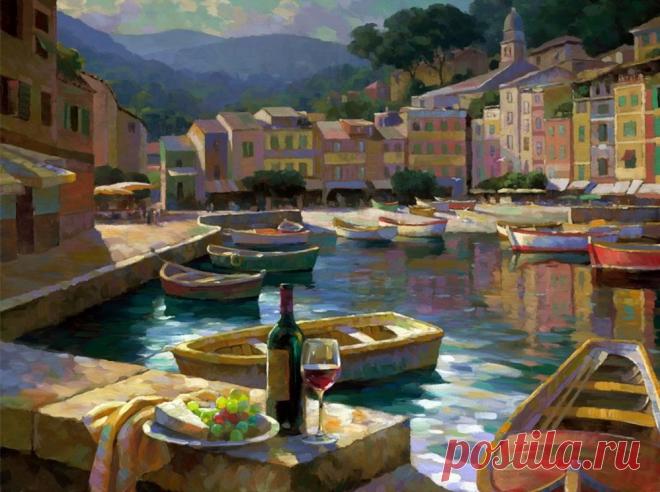 Бутылка вина на открытой террасе... Художник Leon Roulette 
Художник Leon Roulette родом из Южной Калифорнии, где родился в 1959 году. Рисует с малых лет, любит работать на открытом воздухе. Секреты художественного мастерства познавал благодаря частным урокам…