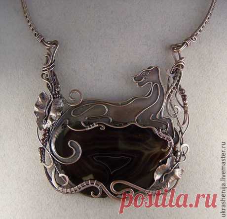 Купить Колье "Багира" - коричневый, wire wrap, wire work, колье, медные украшения
