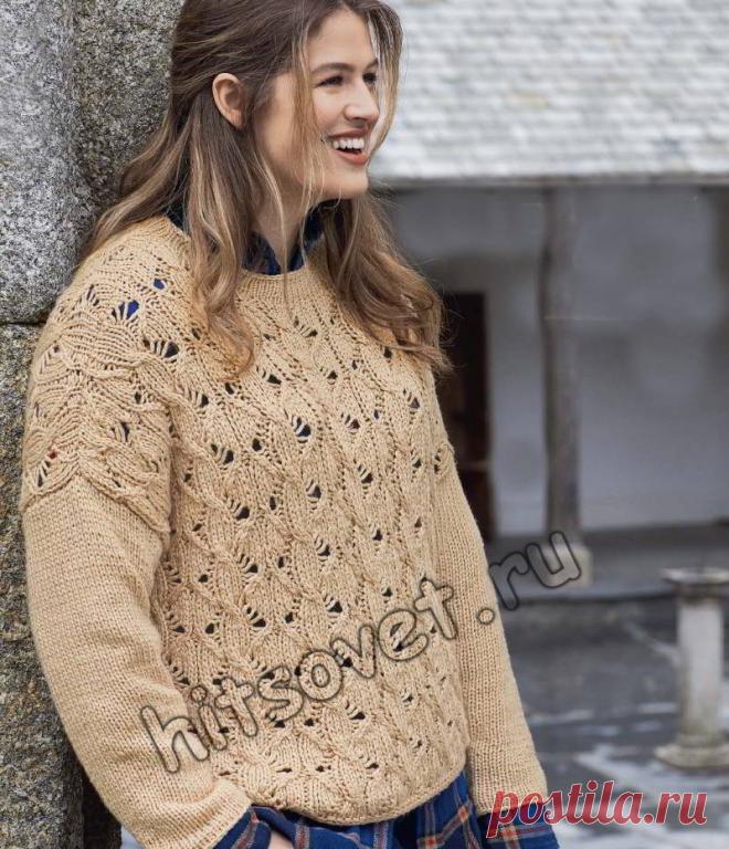 Пуловер для полных - Хитсовет Пуловер для полных. Модный пуловер для полных женщин с красивым рельефным узором со схемой и бесплатным описанием вязания.