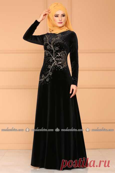 Yaprak Desenli Kadife Elbise YGS6180 Zümrüt - Moda Selvim