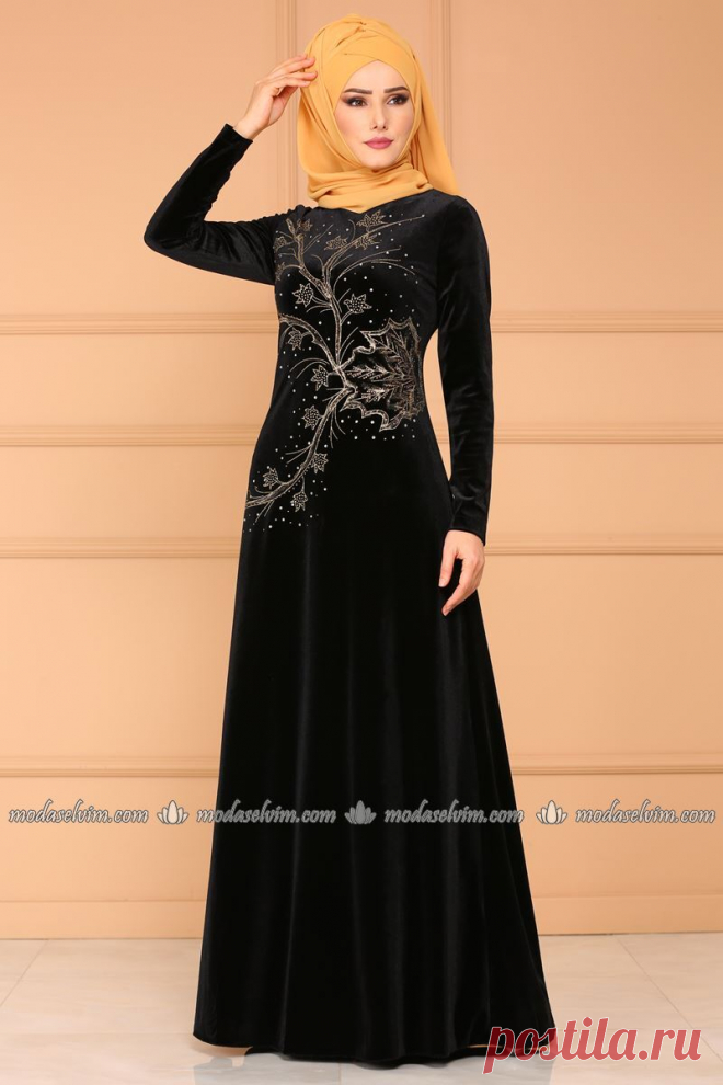 Yaprak Desenli Kadife Elbise YGS6180 Zümrüt - Moda Selvim