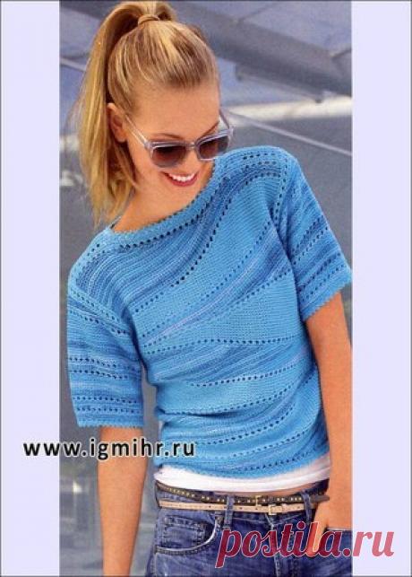 Бирюзовый пуловер спицами.

Размер: 42/44

Вам потребуется: 200 г бирюзовой меланжевой и 150 г бирюзовой пряжи Osiris (35% хлопка, 35% полиакрила, 30% вискозы, 170 м/50 г); прямые и круговые спицы № 3,5; крючок № 3. 

Техника вязания.
Платочная вязка: лиц. и изн. р. - лиц. п. 

Узор с дырочками: нечетное число петель. Каждый ряд начинать и заканчивать 1 кром.
Лиц. р.: * провязать 2 п. вместе протяжкой (= снять 1 п., 1 лиц. и протянуть ее через снятую петлю), 1 накид, повто...