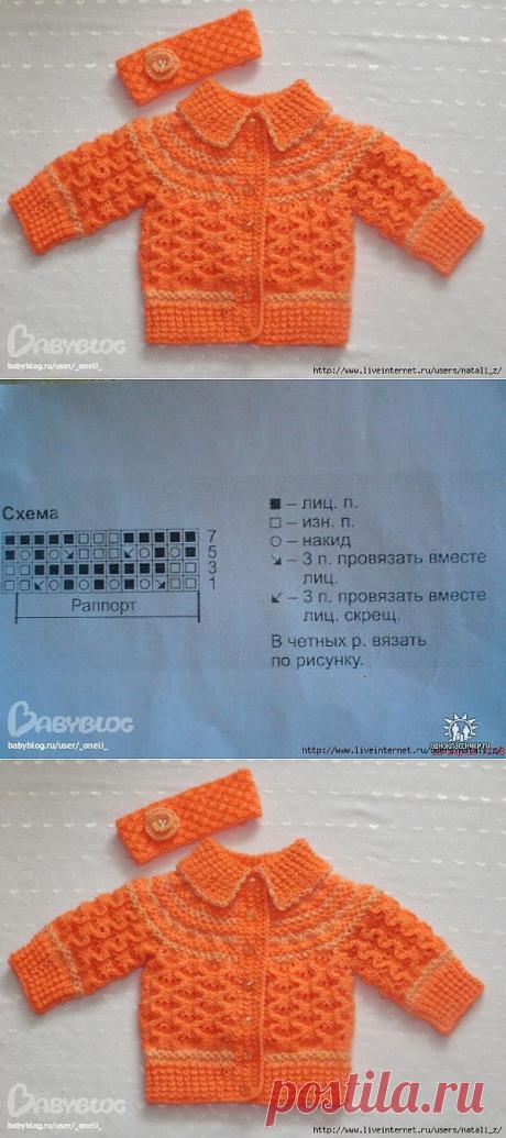 КОФТОЧКА ЦВЕТА АПЕЛЬСИНА УЗОРОМ "РАКУШКА" СПИЦАМИ.