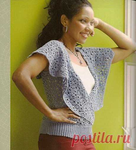 Летний пуловер из мотивов, с запахом и большим отложным воротником, связанный крючком. Схемы. / Мир вязания и рукоделия
