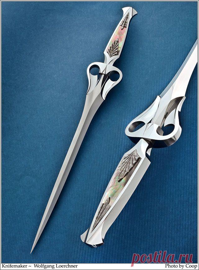 Стилет от Wolfgang Loerchner. Вставки из дамасской стали. Перламутр.