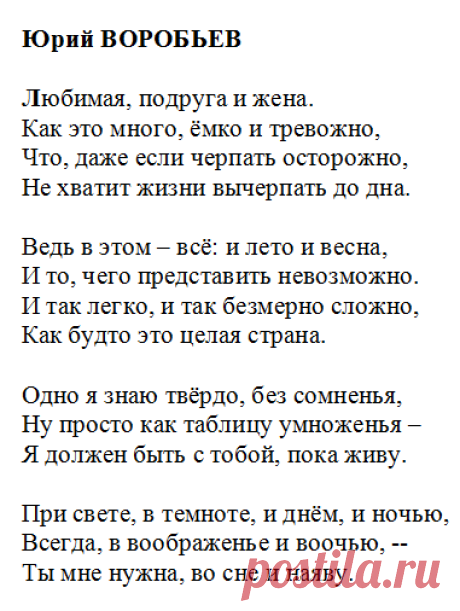 Юрий Воробьёв. Любимая, подруга и жена...