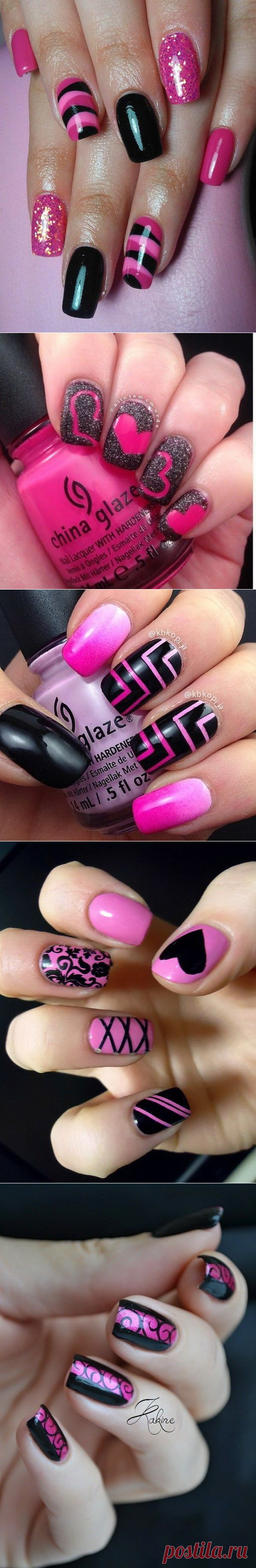 Модный черно розовый маникюр, фото дизайна с черным и розовым лаком