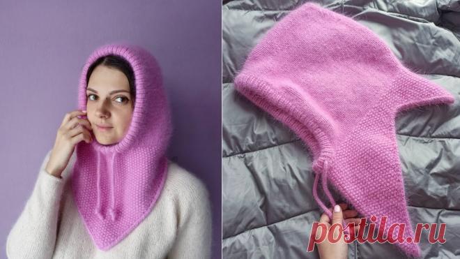 МК Капор спицами из пуха норки с большим треугольным снудом подробный МК