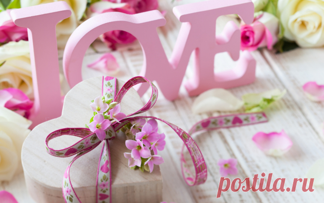 Обои valentines day, день святого валентина, цветы, розы, подарок, лепестки, любовь, буквы, розовая, ленточка 1280x800, №113362