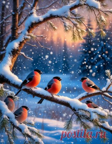 зимний деревенский пейзаж, вечерняя природа, На заснеженных ветках сидят дятлы и снегири. Показана красота зимней природы.Все мерцает и сияет, в воздухе витает неоновая пыльца. кинематографическое освещение, волшебная атмосфера, 4K, высокое разрешение, детализированные тени и отражения