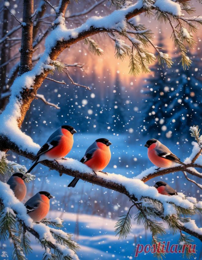 зимний деревенский пейзаж, вечерняя природа, На заснеженных ветках сидят дятлы и снегири. Показана красота зимней природы.Все мерцает и сияет, в воздухе витает неоновая пыльца. кинематографическое освещение, волшебная атмосфера, 4K, высокое разрешение, детализированные тени и отражения
