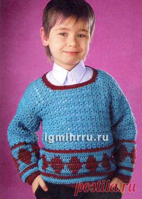 Для мальчика 4 лет. Пуловер с орнаментом из ромбов. Вязание крючком для детей