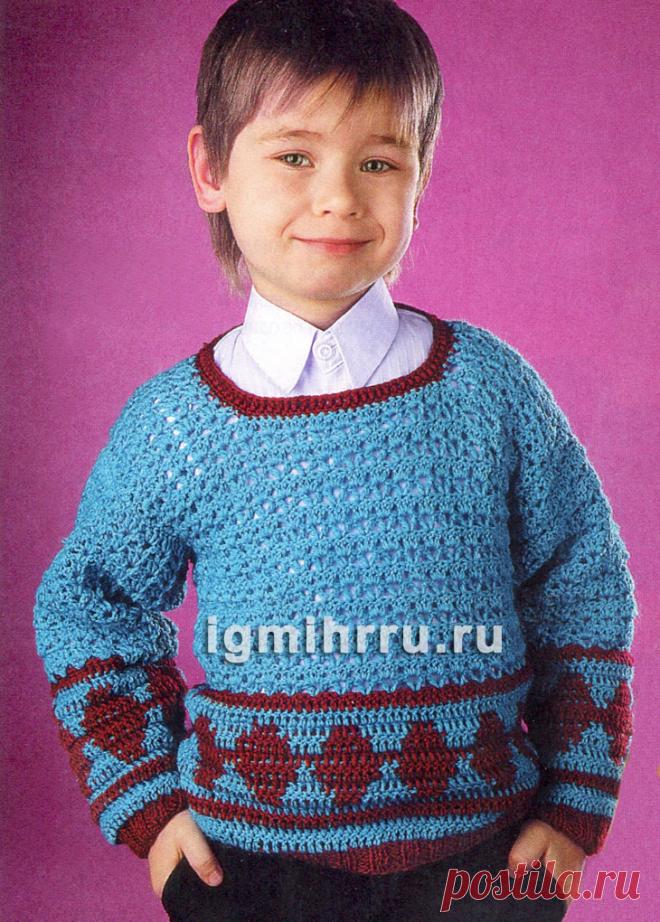 Для мальчика 4 лет. Пуловер с орнаментом из ромбов. Вязание крючком для детей